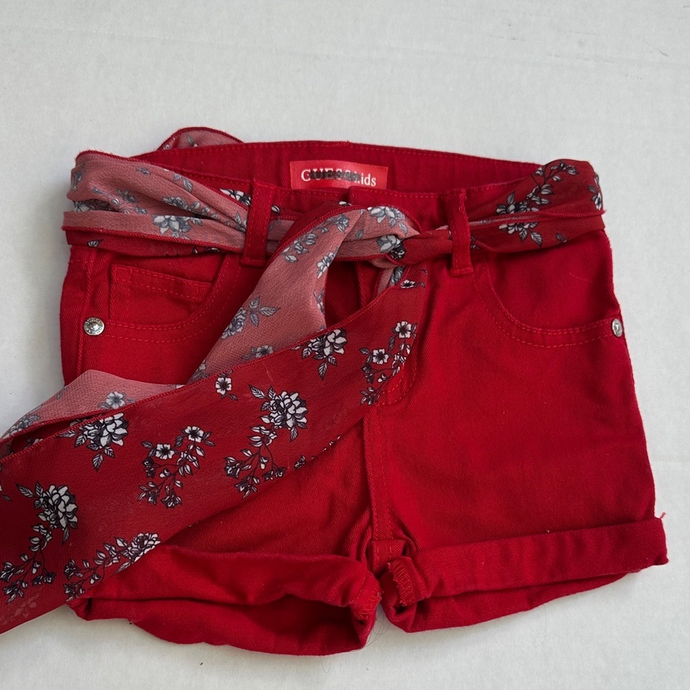 New GUESS Red Jean Shorts with Floral Sash